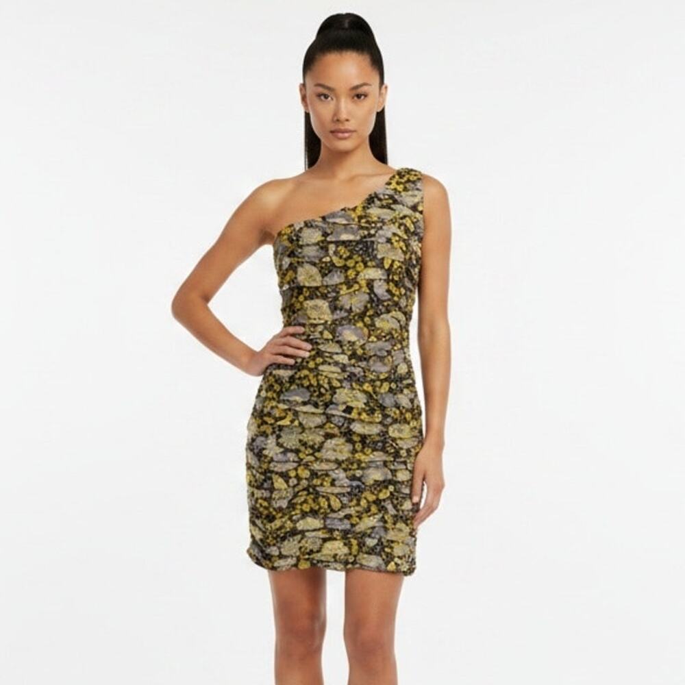 Zara One Shoulder Floral Gold Metallic Ruched Mini Dress Size M